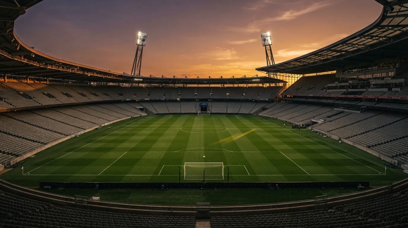 Un estadio de fútbol vacío con torres de iluminación al atardecer