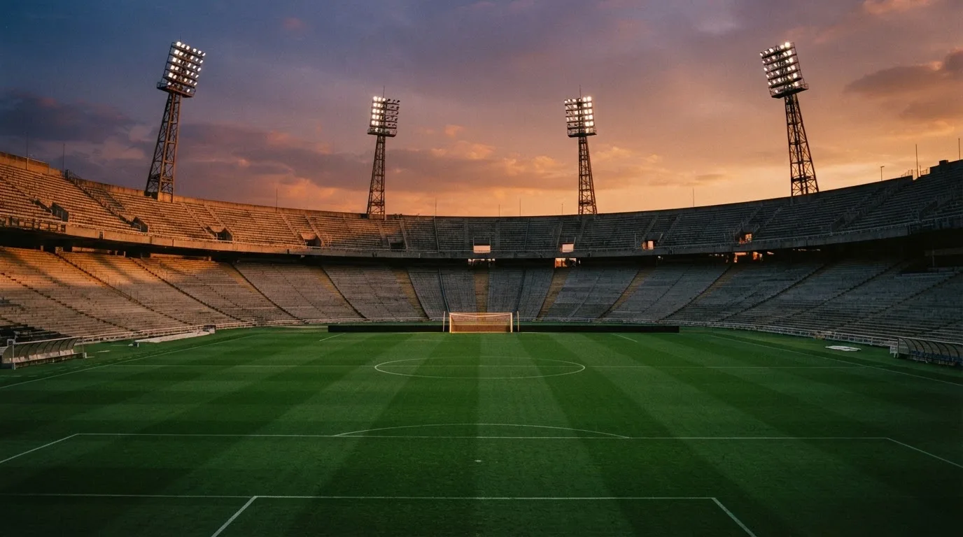 Un estadio de fútbol vacío con torres de iluminación al atardecer