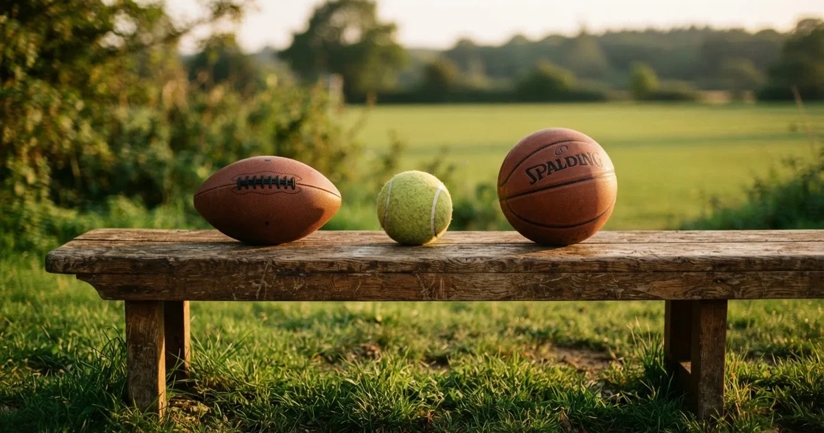 Tres balones de distintos tipos, uno junto a otro, sobre un banco de madera