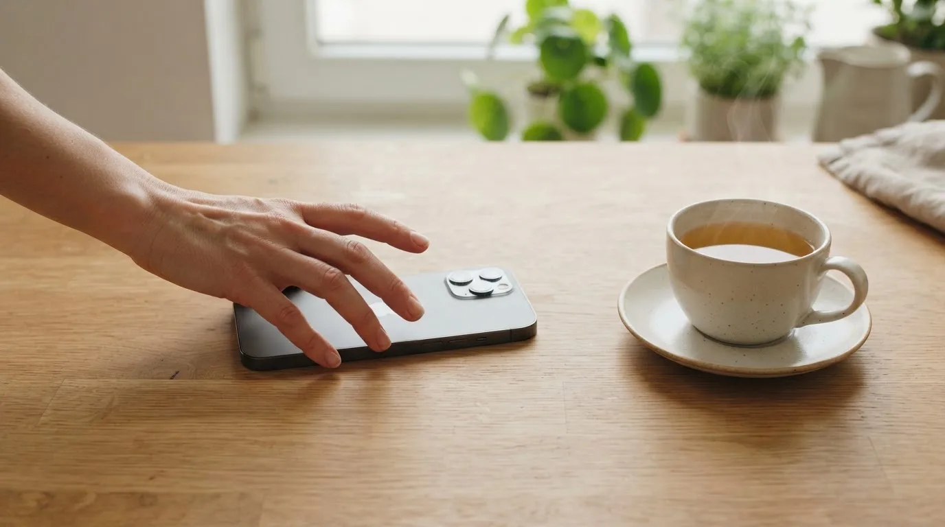 Una mano deja un móvil junto a una taza de té sobre la mesa de la cocina, una tarde tranquila