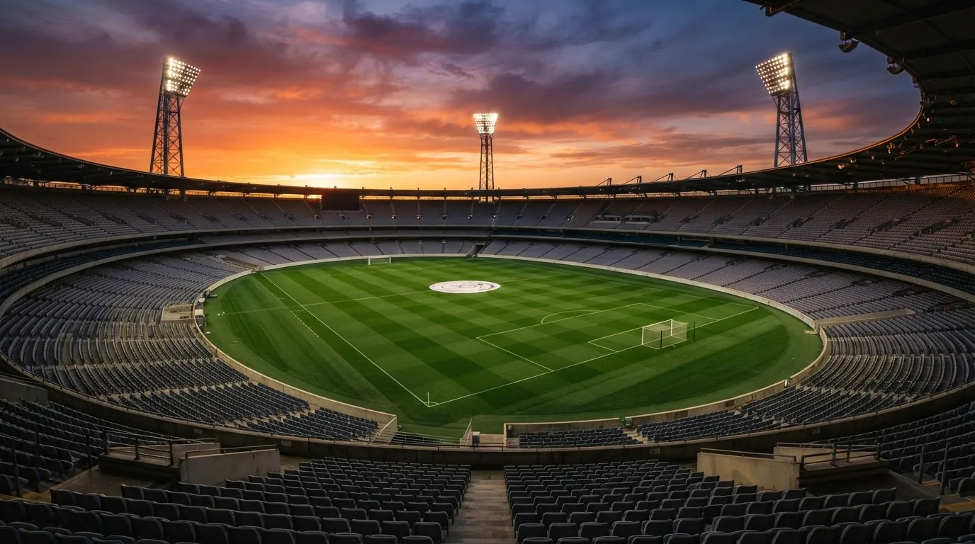Un estadio de fútbol vacío con torres de iluminación al atardecer