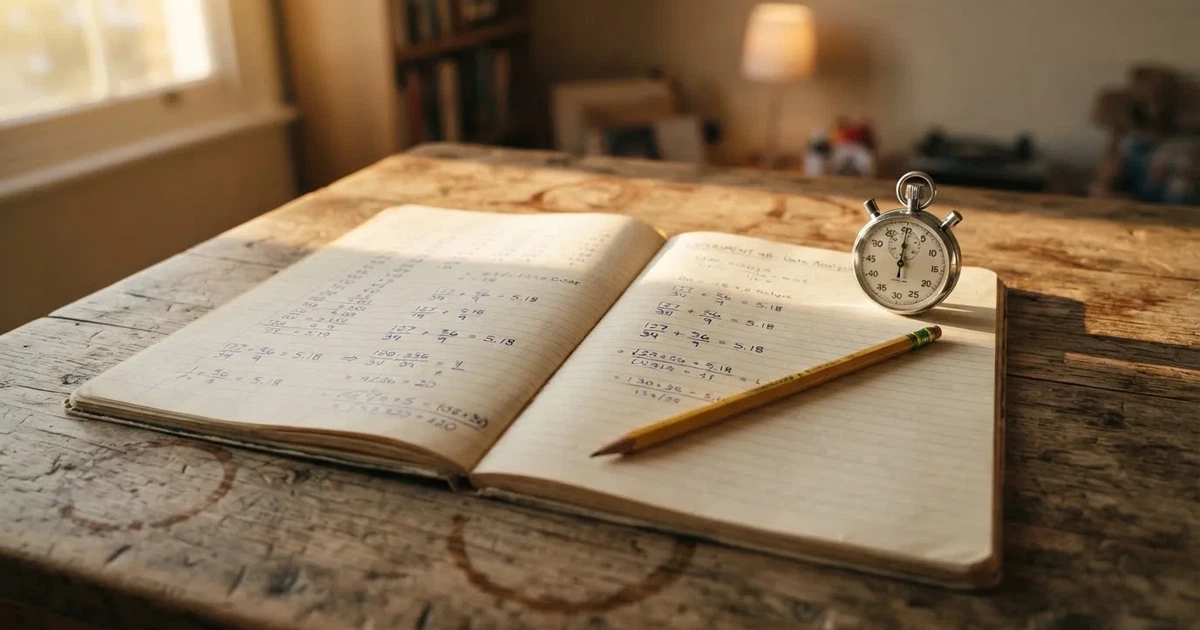 Un cuaderno abierto con un lápiz y un cronómetro sobre una mesa de madera
