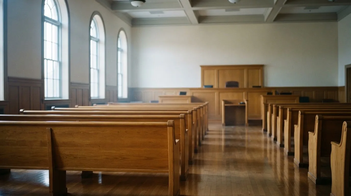 Una sala de tribunal vacía con bancos de madera a la luz de la mañana