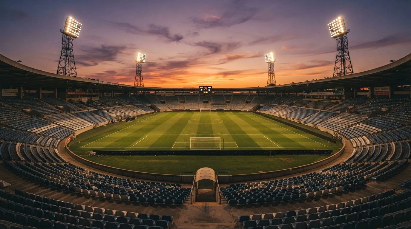 Un estadio de fútbol vacío con torres de iluminación al atardecer