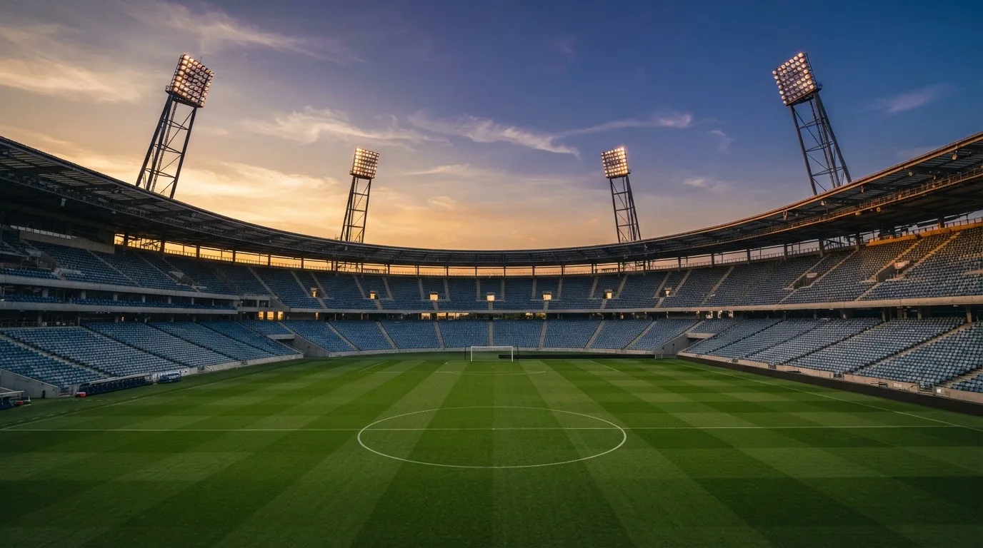 Un estadio de fútbol vacío con torres de iluminación al atardecer