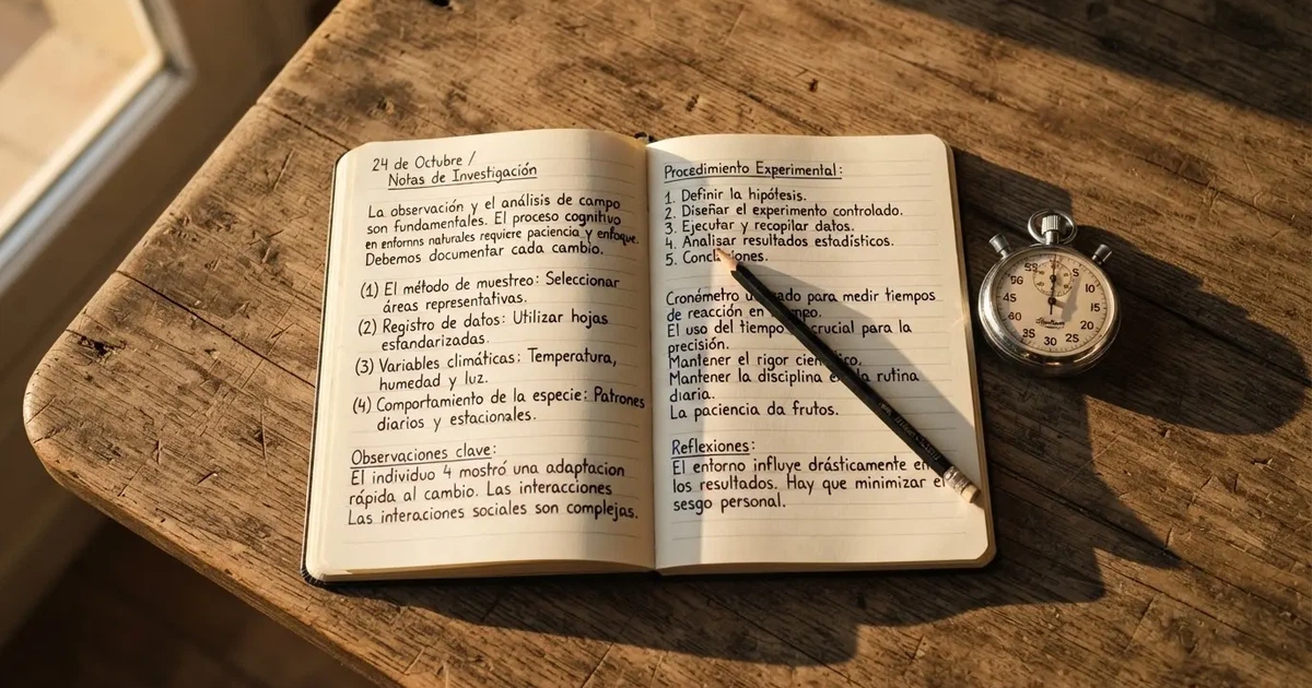 Un cuaderno abierto con un lápiz y un cronómetro sobre una mesa de madera
