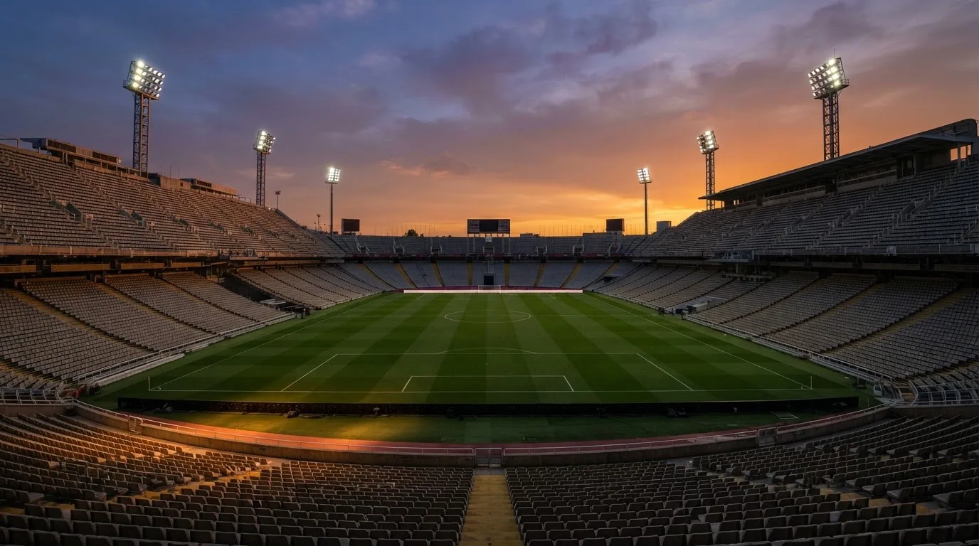 Un estadio de fútbol vacío con torres de iluminación al atardecer