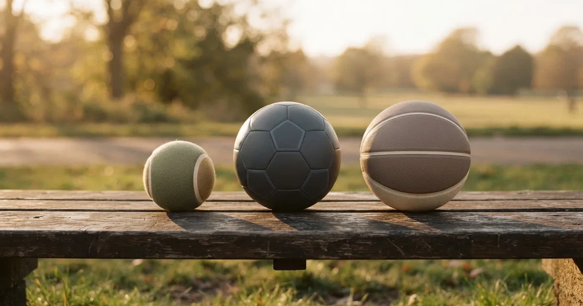 Tres balones de distintos tipos, uno junto a otro, sobre un banco de madera